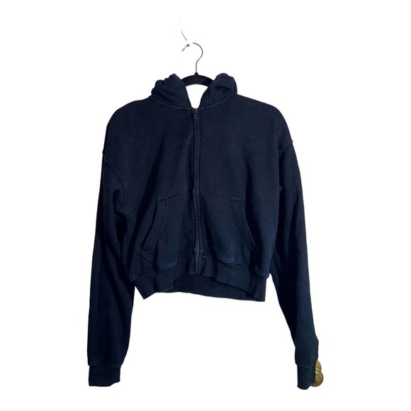 TNA Aritzia Sweatshirt Hoodie Cozy Fleece Boyfriend Boxy Zip Black Pockets - Picture 1 of 10